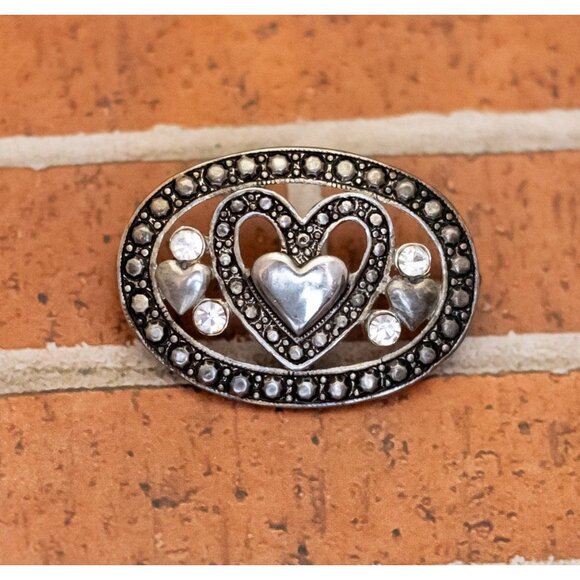 Vintage Love Heart Rhinestones Oval Romantic Brooch - W27 - Picture 1 of 2
